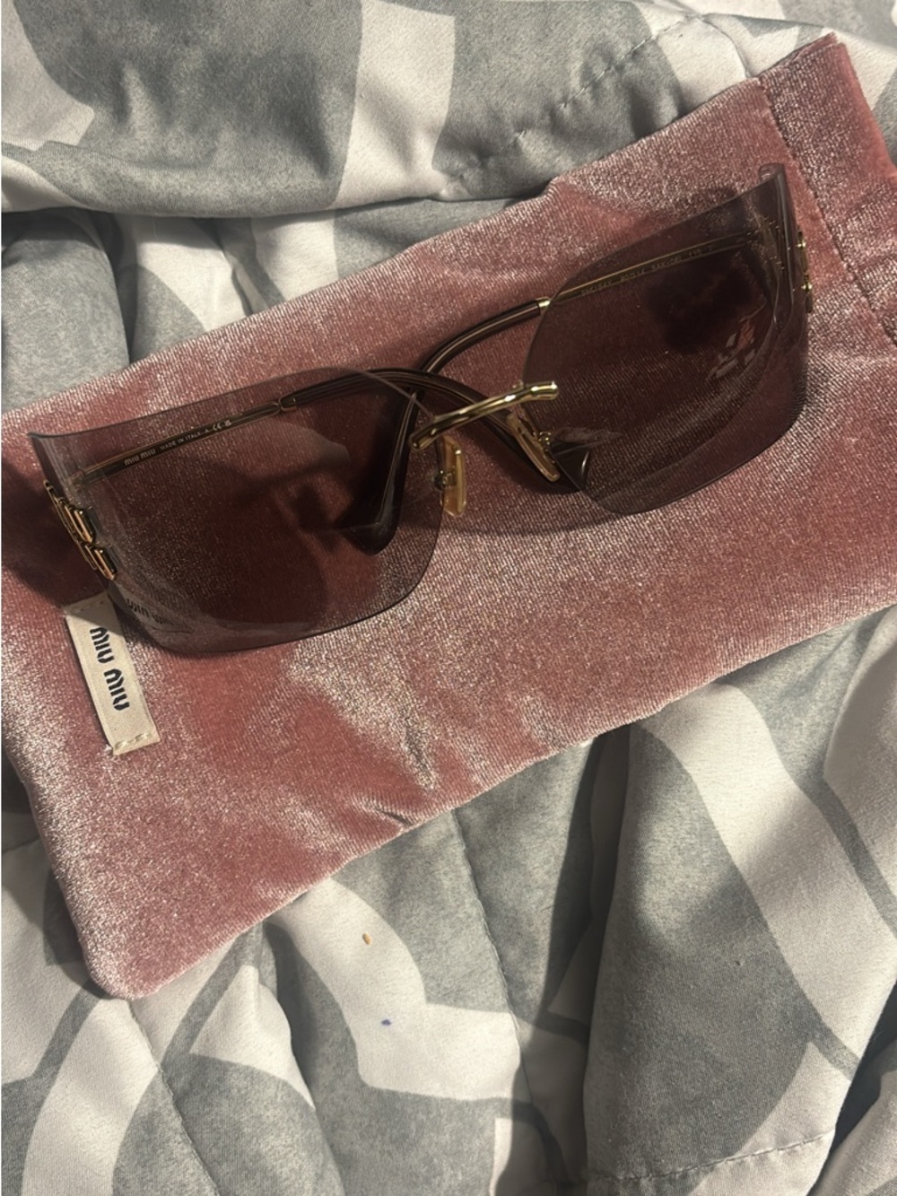 Miu Miu Brown Miu Miu MU 54YS Rimless Shield Sunglasses with Gold Accents